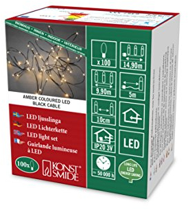 Konstsmide LED Tropfenlichterkette, 100 bernsteinfarbene Dioden, 3V Innentrafo, schwarzer Draht - 6387-800, Schwarz