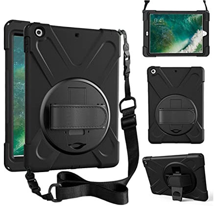 Neues iPad 9,7 2017 2018 Hülle, 360 Grad drehbar mit Kickstand, Handgurt und Schultergurt Gehäuse, 3-Schicht-Hybrid-SchwerLast-Schock-Gehäuse für iPad 9,7 5./6. Generation (schwarz)