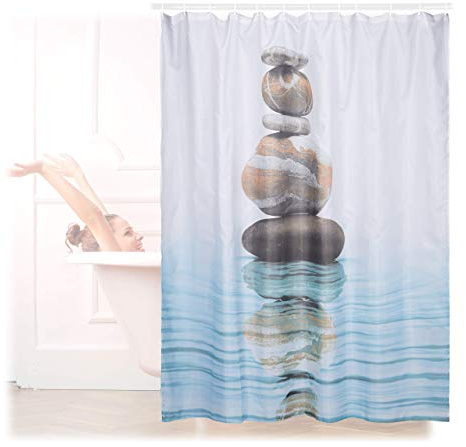 Relaxdays Duschvorhang Motiv, Steine auf Wasser, Polyester, waschbar, Anti-Schimmel, Badewannenvorhang 180x180 cm, blau