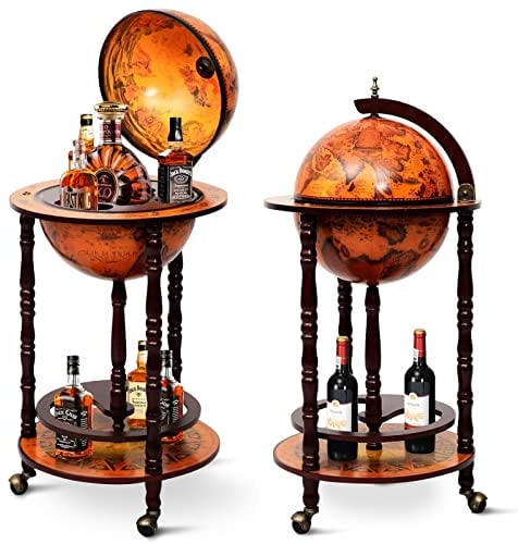 GOPLUS Supporto per Bottiglia Portabottiglie Scaffale per Vino Stocaggio del Vino a Forma di Mappamondo Artistico Supporto di Legno con 3 Ruote (Marrone)