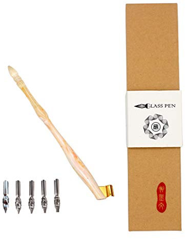 Hillento Oblique Calligraphy Nib Pen Point Holder, English Calligraphy Pen Nib Holder, English Antique Copperplate Script Handed Dip Pen + 5 Flat Nibs, Orange