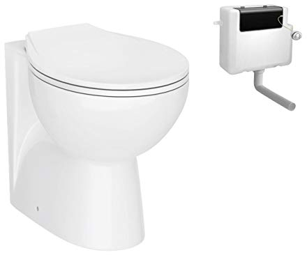 VeeBath VTY002A Essentials Compact Bathroom Round Back to Wall WC Toilet Pan with Soft Closing Seat & Concealed Cistern-515mm Deep, White