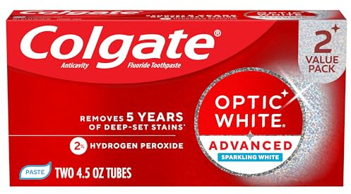 Colgate Optic White Advanced Sparkling White Toothpaste with 2% Hydrogen Peroxide and Fluoride, Teeth Whitening Toothpaste, Deep-Set Stain Remover, Mint Flavor, 2 Pack, 4.5 OZ