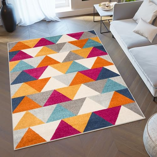 TAPISO Lazur Teppich Kurzflor Modern Geometrisch Dreieck Grau Creme Blau Weinrot Orange Gelb Wohnzimmer Schlafzimmer Modern Design ÖKOTEX 120 x 170 cm