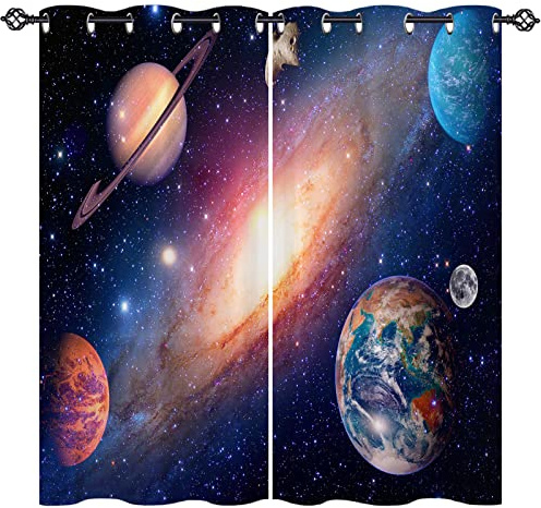 ANHOPE Weltraum Planeten Galaxie Erde Vorhänge mit Ösen Blickdichte Gardinen Thermo Vorhang Blackout Curtain Schlafzimmer Wohnzimmer Kinder Jungen Mädchen Verdunklungsvorhänge 2er Set H 160 x B 117 cm