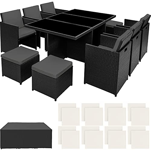 tectake Polyrattan Gartenmöbel Set, Sitzgruppe mit 6 Stühle +1 Glasplatte Tisch + 4 Hocker, Gartenlounge Set klappbar, für bis zu 10 Personen, Balkon Möbel, inkl. 2 Bezugsset - schwarz