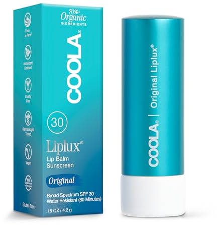 COOLA Organic Liplux Lip Balm and Sunscreen with SPF 30, Dermatologist Tested Lip Care for Daily Protection, Vegan and Gluten Free, 0.15 Oz