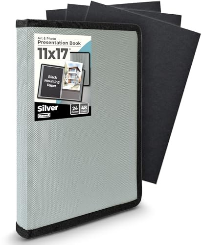 Dunwell Portfolio artistique de 27,9 x 43,2 cm avec papier de montage, argenté, grand porte-documents pour affichages d'œuvres d'art, 48 pages, dossier de présentation avec pochettes en plastique