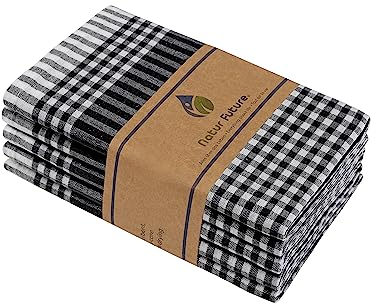 NATUR FUTURE® Geschirrtücher Baumwolle, 5er Set Schwarz, 45x65cm, mit Aufhänger, Vintage Look kariert, Geschirrhandtücher Küchenhandtücher Küchentücher Putzlappen Trockentücher