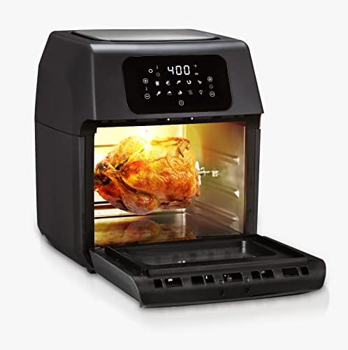 Almineez 12L 1800W Digital Air Fryer Oven Toaster Rotisserie Multifunctional Cooker Dehydrator LED Kitchen Countertop Oil free Bake Roast Reheat Includes Basket,Skewer, Removal Tool