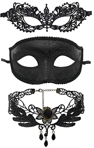 JewelryWe Schmuck 3 PCS Maske Halskette Set Schwarz Sexy Paar Venezianische Spitze Augenmaske Gothic Choker Kette Halsband Damen Maskerade Kostüm für Halloween Karneval Party Cosplay