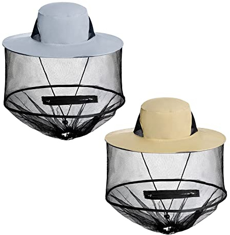 Sucrain 2 Pack Mosquito Head Net Hat Sun Hat Garden Bug Hat with Hidden Net Mesh for Outdoor Gardening Beekeeping
