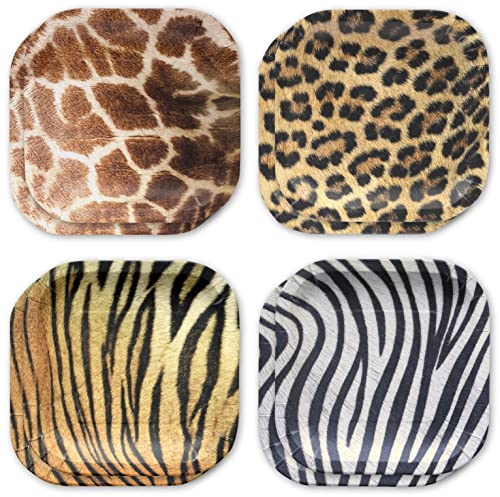 Havercamp Jungle Safari Party Plates! 16 Large Dinner Plates in Authentic, Life-Like Jungle Animal Hides! 4 ea. Leopard, Tiger, Giraffe & Zebra Fur.