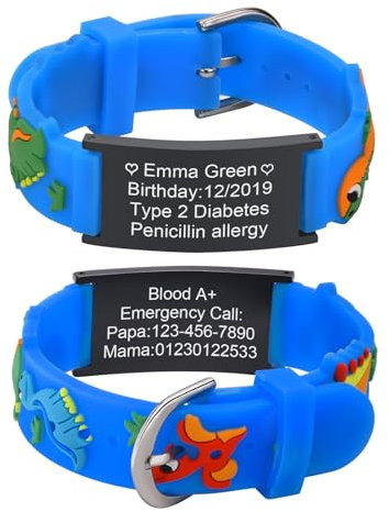 XUANPAI Bracelet Identification SOS Personnalisable, Urgence Bracelet Medical Bracelet pour Enfants, Cartoon Style Silicone Imperméable Bracelet Réglable pour Garçons Filles Adolescents