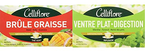 CELLIFLORE - Thé Brule Graisse - A Base de Maté/Kola/Guarana - 20 Sachets & Infusion Ventre Plat - Digestion - A Base de Menthe/Fenouil/Reine des Près - 20 Sachets
