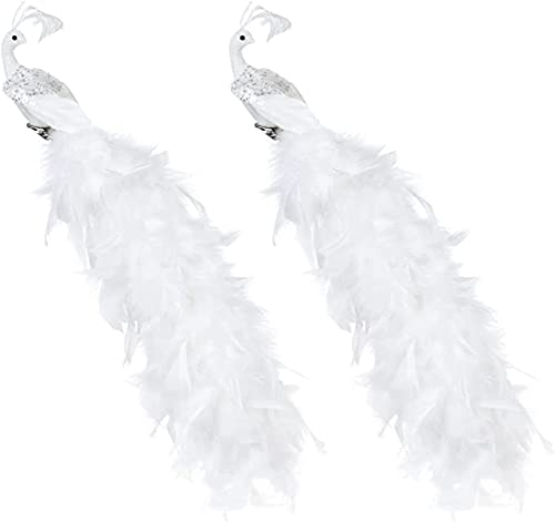 16 Glänzender, langschwänziger, falscher weißer Pfau mit Clip-on Baumschmuck, Party- und Weihnachtsdekoration(2 Pack)
