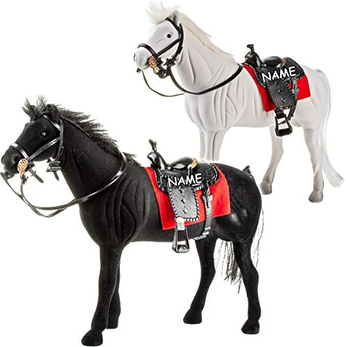 alles-meine.de GmbH 2 Stück große Pferde/Rappe/Schimmel - schwarz - weiß - inkl. Name - mit abnehmbaren Sattel - 23 cm hoch - ideal auch für 29 cm Spielzeug Puppen/Pferde..