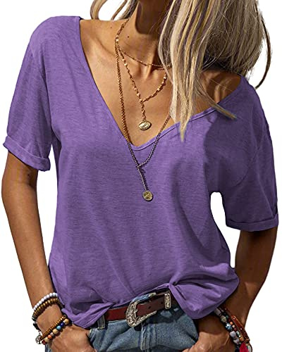 Tankaneo Maglietta da donna alla moda, con scollo a V, a maniche corte, tinta unita, casual, basic estiva | Oversize, a maniche corte, casual, estivo, basic, tinta unita, sexy
