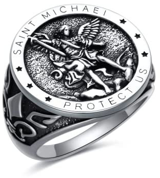 St. Michael Ring 925 Silber Erzengel Saint Michael Amulett Schutzpatron Ringe Medaillen Gebetsmünzen Ring Christlicher Religiöser Schmuck für Herren Vater Ehemann(7)