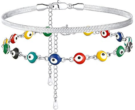 Doubels Chaines Cheville Femme Serpent lot de 2 Bracelets de Pieds Egyptienne Acier Inoxydable Oeil d'Horus Perle Multicolore 22 cm Reglable Cadeau Enfant Fille Petite Amie Soeur