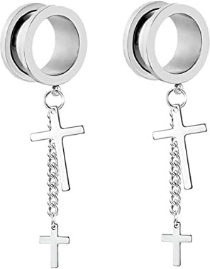 Gualiy 2 Stk Tunnel Chirurgenstahl, Damen Plug Ohr 6mm mit Kette und Kreuz Anhänger Silber Tunnel Damen