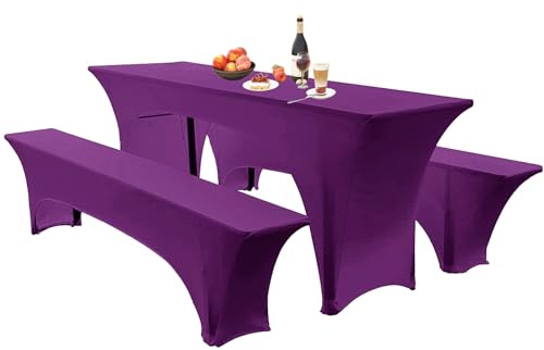 Elastische Hussen Für Bierzeltgarnitur Biertischhussen Bierbank-Auflage & Tischdecke 50 cm Oder 70 cm Tischbreite, 3 TLG Set Stretch Hussen Für Festzeltgarnituren Bierbank (70cm,Purple)