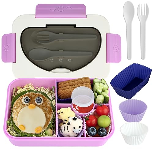 Lunbxx Kids Lunch Box, Bento Lunch Boxes for Kids, 5 Compartments Lunch Containers for Adults Kids,Bento Box Adult Lunch Box with Utensil Set Muffin Cups Reusable & Leakproof (Lila)