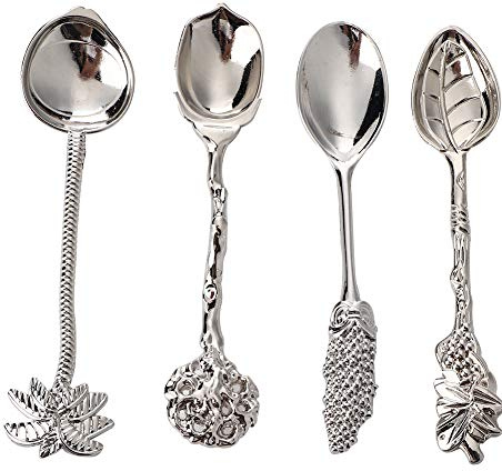 Kaffeelöffel, Dessertlöffel, Antike Kleine Löffel, Dekoratives Löffel-Set, 4-teiliges Vintage-Mini-Legierungs-Kaffee-Teelöffel-Eiscreme-Dessert-Rührgeschirr(Silber)