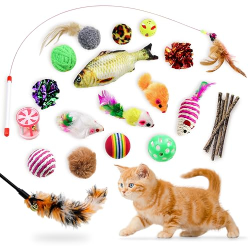 GaiusiKaisa Katzenspielzeug Set 23 Teile mit Katzenminze – Interaktive Spielmäuse, Federn Angel, Bälle & Matatabi – Spielzeug für Kitten und Katzen – Premium Katzen Spielset für Unterhaltung