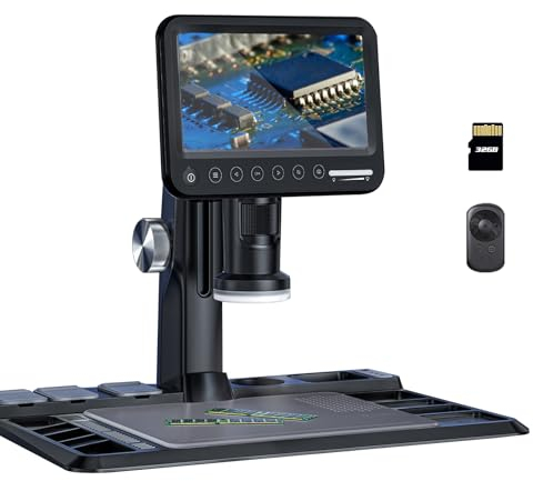 Auveach Microscope numérique 7 pouces 1600 x 12 MP 1080P Microscope professionnel de soudure pour adultes avec télécommande sans fil 28 LED Light Compatible avec PC (32 Go TF Carte incluse)