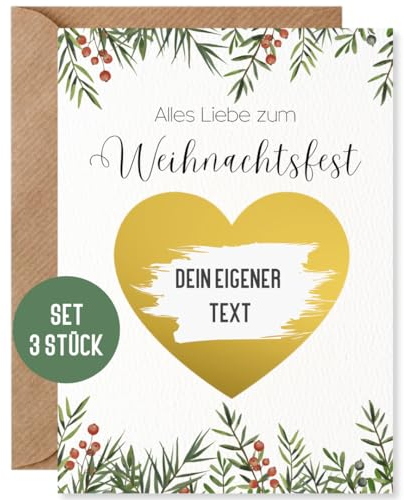 Things of Happiness 3 x Rubbelkarte Weihnachten zum selber beschriften | Set 3 x Rubbellos + Briefumschlag Naturpapier | Karte Fröhliche Weihnachten Geschenk Freund Frau Mann (Weihnachten Grün)