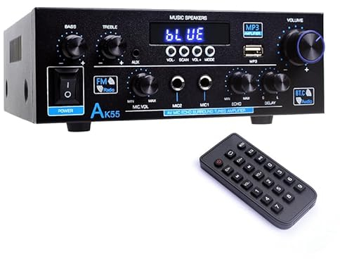 WOOPKER AK55 HiFi-Verstärker mit Bluetooth 70W x2 Mini Verstärker Heimkino Stereo Verstärker av Receiver Höhen und Bässe mit USB/RCA/MIC/FM (AK55)