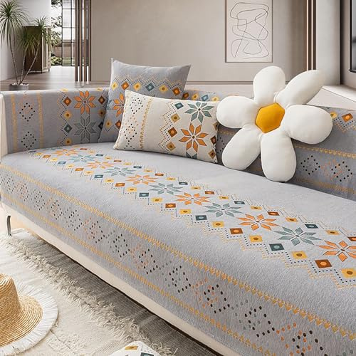 KCCRHIN Chenille Sofa Überzug Böhmischen Stil Sofabezug L Form Couch Überzug Sofaschoner rutschfest Ecksofa Sofaschutz Hund Sofa Überwurfdecke Sofadecke Couch Cover,Grau,90 * 180cm/35.4 * 70.9in