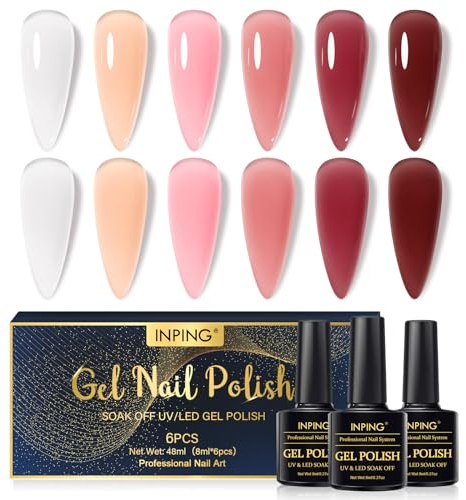 INPING UV Nagellack, 6 Farben Transparent Nude Rosa Set, Jelly Gel Nail Polish Soak-Off UV Nagellack, Gel Für UV Lampe Soak-Off Pink Serie,8ML