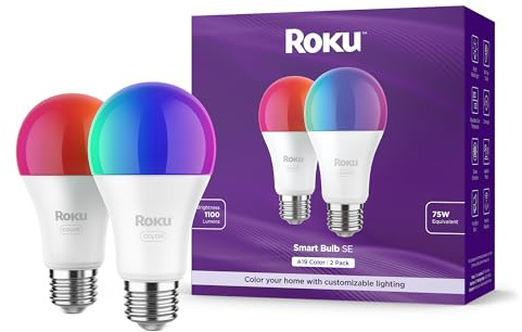 Roku Smart Bulbs (Colourful, Pack of 2) - Dimmable A19 Colour Bulbs with Adjustable Brightness and Temperature - WiFi Smart Bulbs Work with Audio, Alexa and Google Assistant - Smart Home Products