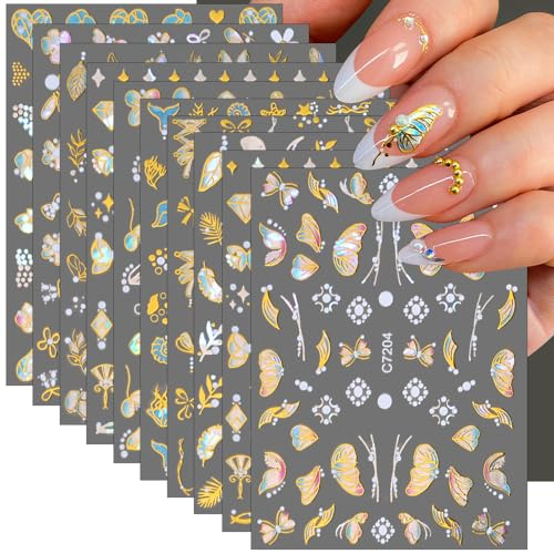 20 Blätter Gold Silber Nageldesign Schmetterling Blume Nagelsticker Selbstklebend Holographisch Schmetterlinge Blumen Nail Sticker 3D Glitzer Butterfly Flower Feder Herz Stern Nagelaufkleber Nail Art