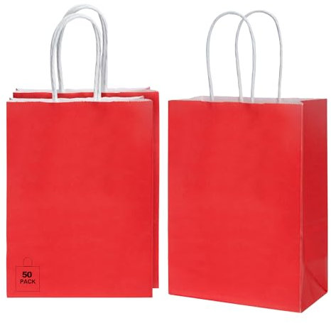 CHARMGIFTBOX 50 Stück 15 x 21 x 8 cm Rot Papiertüten mit Henkel, Geschenktüten für Ostern, kleine süße Tüten für Kinder- und Erwachsenenpartys, Geburtstage, Hochzeiten, Babypartys