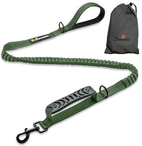 Sweetie Bungee Dog Lead Shock Absorber - Strong Leash 4FT to 5.6FT Long with Soft Padded Handle & Traffic Handle - Reflective Anti Pull Leads for Walking Medium and Large Dogs. Green