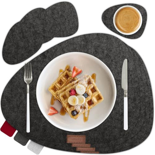 smøla 8-teiliges Premium Filz Tischset - Oval inkl. Untersetzer I Platzset Abwaschbar Grau I Platzdeckchen Set Abwischbar mit Filzuntersetzer für Teller, Gläser I Tischdeko Sommer, Anthrazit