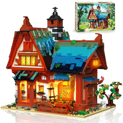 Joellfuner Médiéval Maison Construction Ensemble, Ensemble de Briques de Construction, Médiéval Lot de Blocs de Construction avec LED lumière pour Enfants Garçons Filles Agés 14+ (Manoir Médiéval)