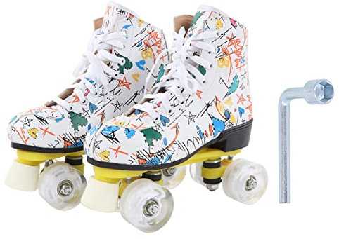 Rollschuhe, Zweireihig, 4-Rad-Rollschuhe, Weiße Graffiti-Rollschuhe, Skating-Schuhe und Erwachsene, Größe 38