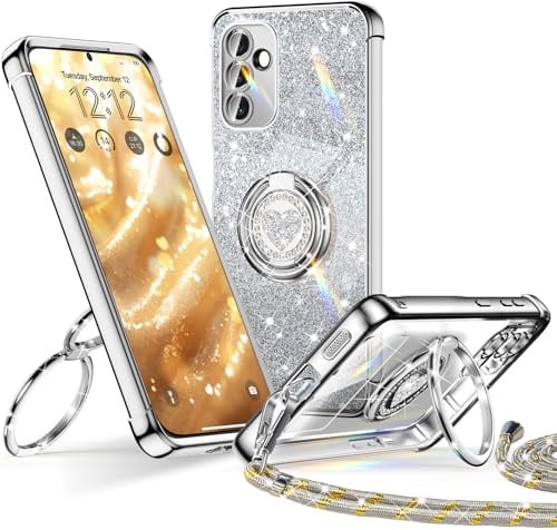 XYZ für Samsung Galaxy S24 Hülle mit Band, Herzen Doppelring Ständer | Luxus Glitzer HandyHülle Kameraschutz, Frauen Stoßfest Elektroplattiert Case Soft TPU SchutzHülle Clear, Silber