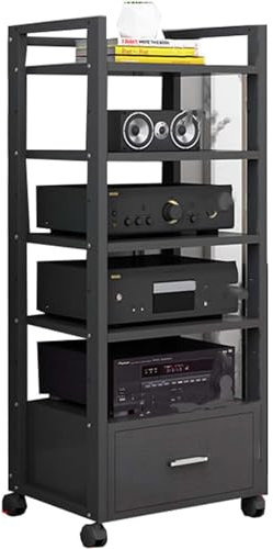 5Tier Audio Rack with Drawer and CD Storage MultiFunction Corner Component Cabinet for Home/Office/DJ Stereo Stand with Open Storage Shelf 60x40x120CM