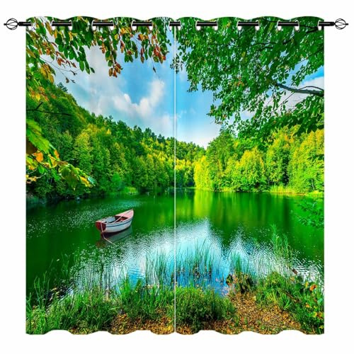 YUANZU Scenery Curtains - Forest Green Nature Pond Lake View Fishing Boat Print Pattern Eyelet Blackout Thermal Room Darkening Window Drapes for Bedroom Living Room 2 Panels W132cm x D160cm