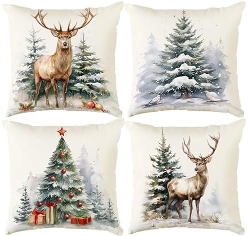 Aitsite Weihnachten Kissenbezug, 4er-Pack Winter-Kissenbezüge, Weihnachts-Kissenbezüge 45 x 45 cm, Winter, Weihnachts Dekoration für Wohnzimmer, Sofa, Schlafzimmerdekoration (Rentier)
