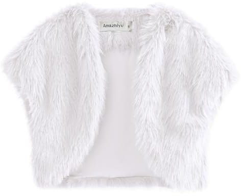 Amazhiyu Fell Brautjacke, Kurzarm Brautstola Bolero Damen, Crop Hochzeitsjacke Kunstpelz Stola, Kurz Kunstfell Winter Jacke Cardigan Offen Front für Abendkleid Hochzeit Festlich, Weiß, M