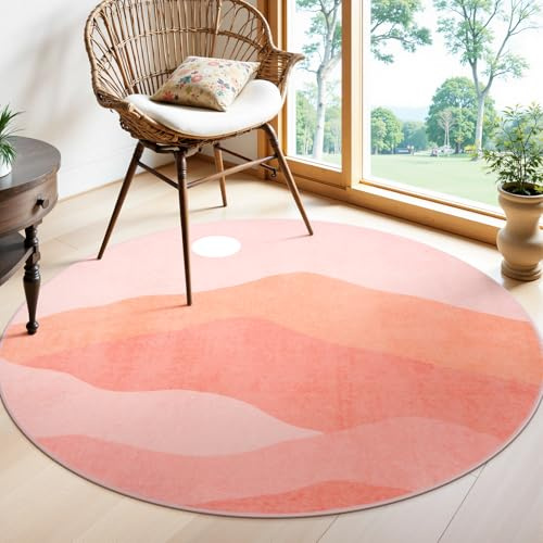 Sungea Tapis rond rose, 122 cm, doux, antidérapant, lavable, tapis rond moderne, pour salle de jeux sur montagne, lever du soleil, coucher du soleil pour chambre d'enfant, entrée, chambre à coucher,