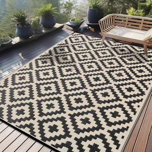 Homaxy Outdoor Teppich Wetterfest, Kunststoff Stroh UV-beständig Wendbar Faltbar Waschbar Balkon Garten Teppich für Terrasse Camping Picknick (270 x 360 cm, Schwarz & Beige)