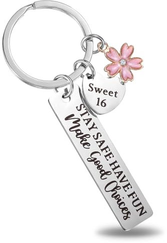 Tyqour Sweet 16 Schlüsselanhänger Herz Blumen Inspirierende 16. Geburtstag Schlüsselanhänger Stay Safe Have Fun Schlüsselanhänger für Tochter,Schwester,Freundin,Familie, Geburtstagsgeschenk Mädchen