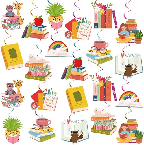 Clabby 22 Stück Buch Hängende Wirbel Deko für Schulanfang Einschulung | Spirale Girlanden mit Wirbel, Bücher Deckenhänger, Wand Deko, Dekorationen für Geburtstag Bibliothek, Leseparty Dekoration
